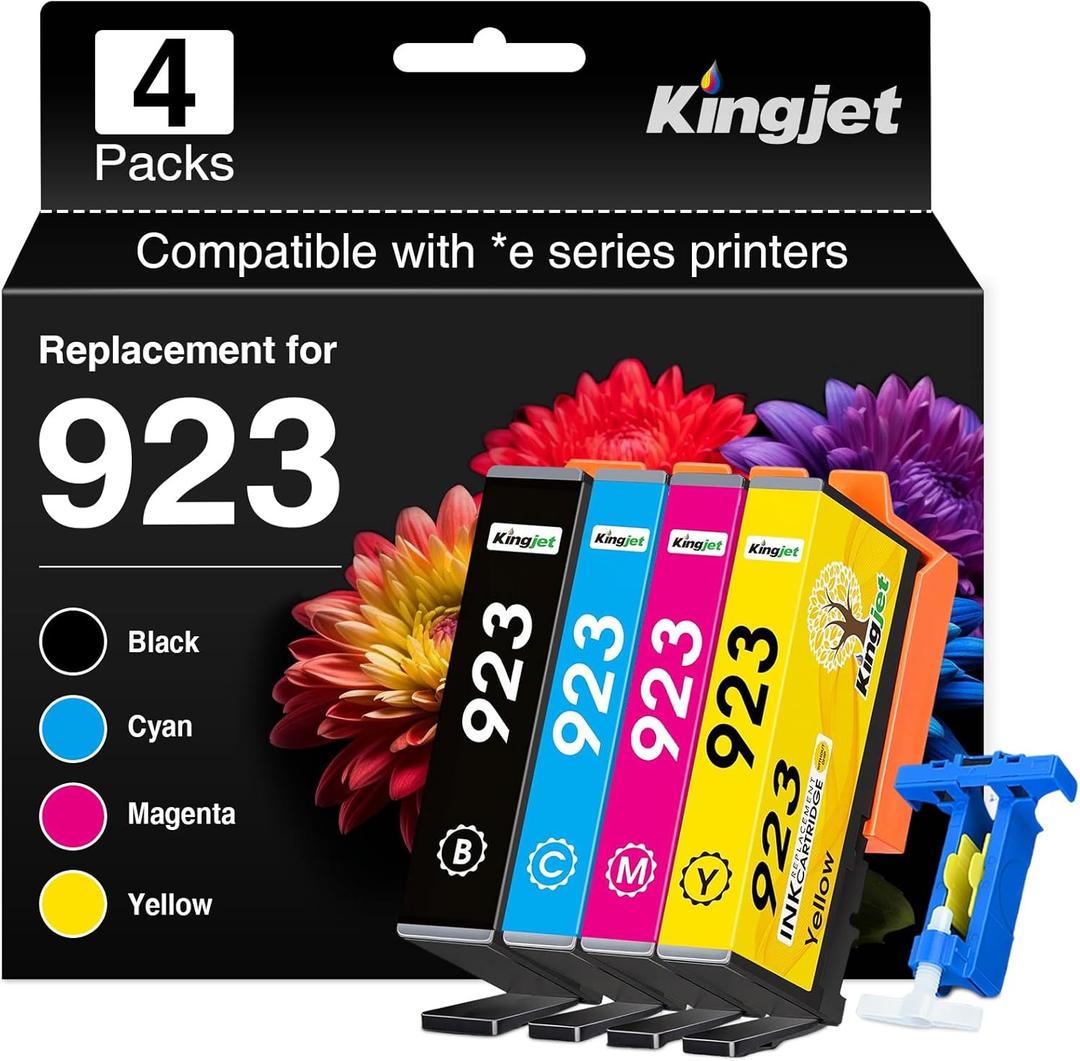 Kingjet 923 Ink Cartridges Combo Pack Replacement for HP 923 Ink Cartridges for HP Printers, Work for HP OfficeJet Pro 8130e 8135e 8139e 8138e 8122e 8124e 8120e Printer for HP923 Ink, 4-Pack