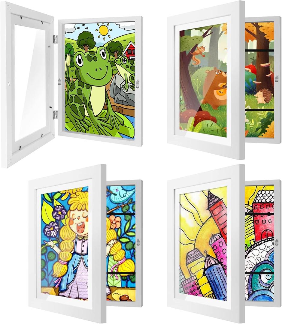 4 Pack Kids Art Frames 8.5x11 Inch Kids Artwork Flip Frame Changeable for Picture Display, Children School Drawing Projects Storage, Horizontally Vertically Wall Hanging, Front Opening, White