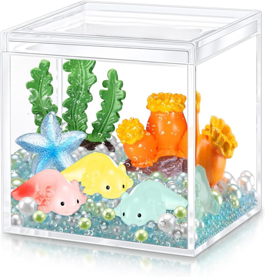 Axolotl DIY Tank Axolotl Craft with 3 Pcs Mini Axolotl Figures Axolotl Beads Axolotl Gift Set Axolotl Charms 3.2 Acrylic Tank (Dark Blue,Cute)