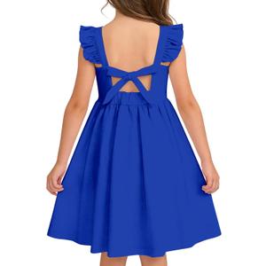 Vieille Girls Summer Dress Kids Tie Back Ruffle Sundress Casual Sleeveless Dresses 3-8 Years (Blue)