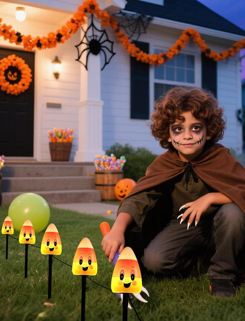 5 Pack Enchanting Candy Corn Pathway Lights Outdoor, UL Certified Plug-in Halloween Decorations, Whimsical Waterproof Yard Stakes for a Magical Trick-or-Treat Walkway & Festive Garden Party (Orange, Yellow, White)