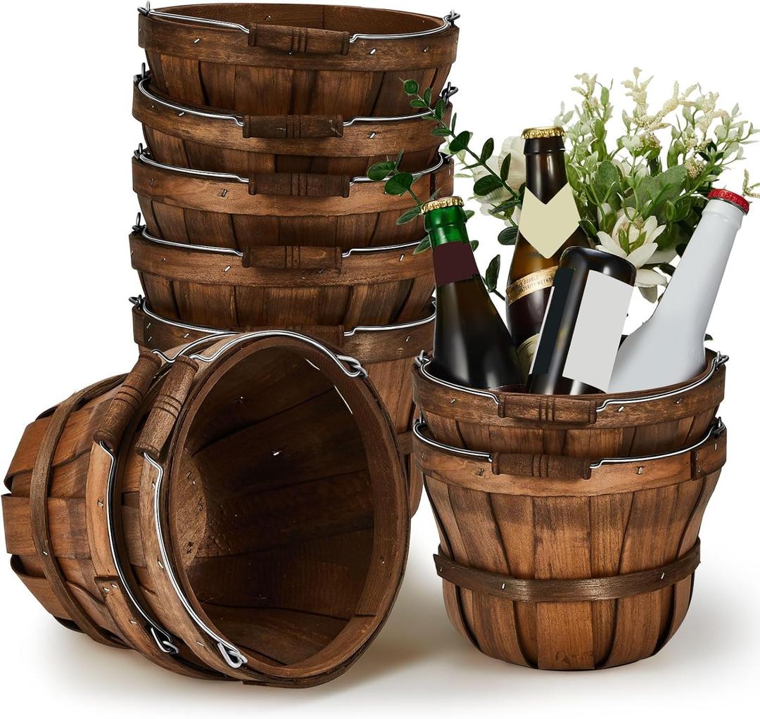 Marsui 10 Pcs 5.9 x 7.5'' Round Wooden Baskets Easter Portable Wood Fruit Buckets with Handles Garden Harvest Basket Fruits Vegetables Storage Container Party Supplies(Dark Brown)