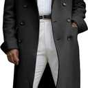 Ebifin Men's Notch Lapel Double Breasted Long Trench Coat Casual Cotton Blend Peacoat (Large, Black)