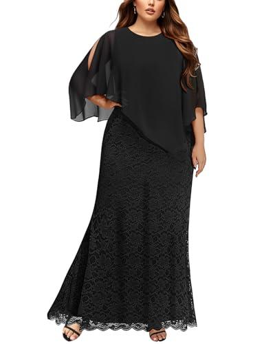 Plus Size Black Dress Women Formal Wedding Guest Evening Party Long Lace Chiffon Cape Gowns Mermaid Prom Dresses 2024 Size 28W