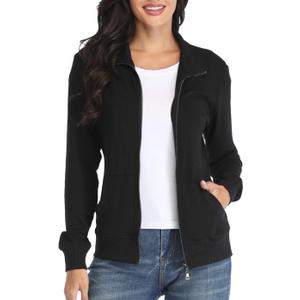 Women's Zip up Sweatshirt Jacket Stand Collar Hoodless Running Sweatshirt with Pockets (X-Large, Long Sleeves - Black)