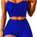 Lilosy Drawstring High Waisted Bikini Set Srting Swimsuit Spaghetti Strap Cami Top and Tie Side Shorts 2 Piece (Small, Royal Blue)