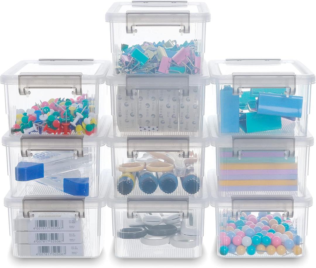 Citylife 0.53 QT 10 Packs Small Storage Bins Plastic Storage Container Stackable Box with Lids for Organizing, Clear White (10 PCS, 0.53 QT-clear white)