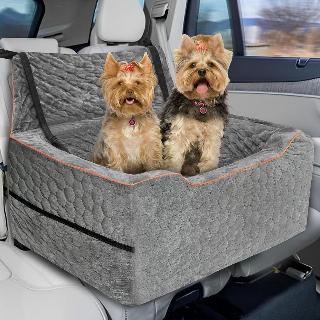 Dog Booster Seat for Larger & Medium Dogs  Comfortable Dog Car Bed with Washable Cover and Storage Pockets for Pets Up to 60lbs (Gray)
