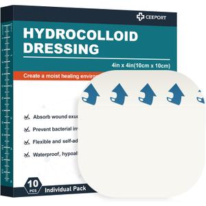 10 Pack Hydrocolloid Wound Dressing, 4" x 4" Ultra Thin Hydrocolloid Bandages with Self-Adhesive, Waterproof Hydrocolloid Patch for Bed Sore, Mild Burn, Blister, Acne Care