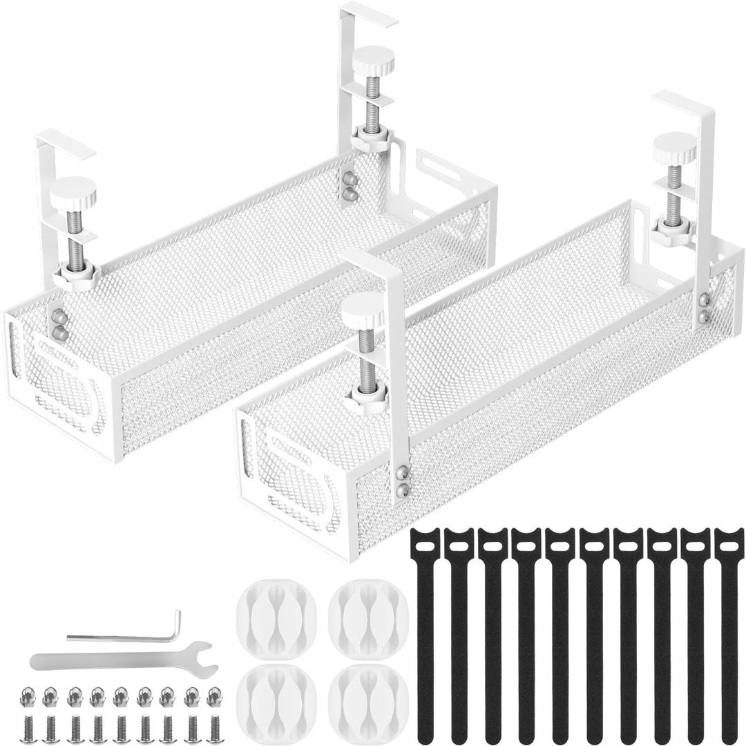 Cable Management, 2 Pack Cable Management Under Desk No Drill, Metal Cord Organizer with Clamp for Standing Desk, Cable Organizer for Home Office, White (15.3''+15.7'' (2 Pack))