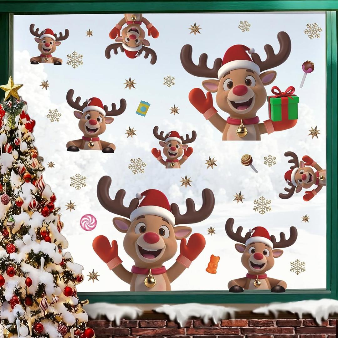Christmas Window Clings Reindeer, Xmas Elk Wall Decals, Christmas Reindeer Wall Stickers, Xmas Snowflake Window Stickers, Xmas Candy Giftbox Wallpaper for Party Home Living Room Bedroom
