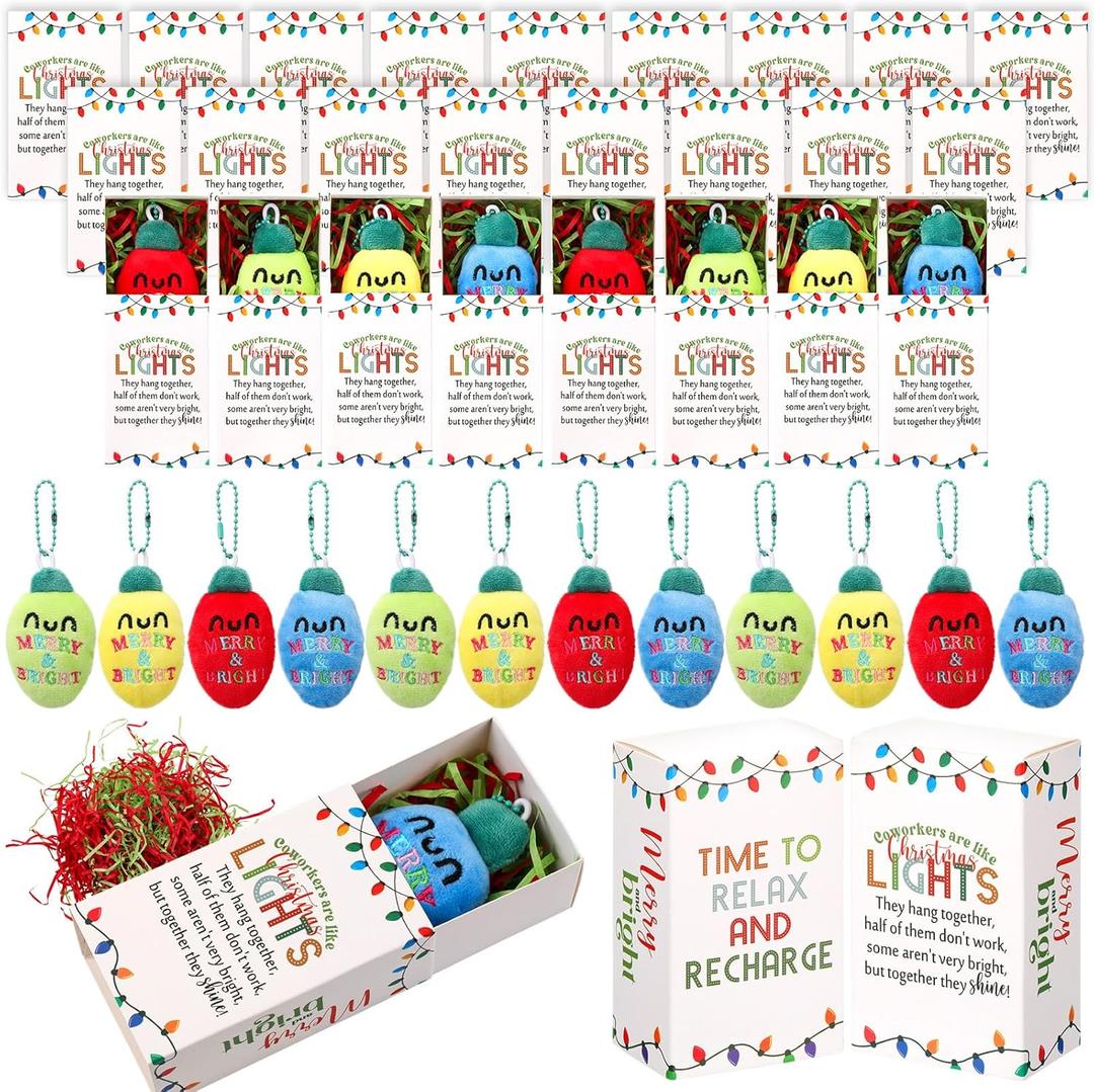 24 Sets Funny Christmas Favors for Office Coworker Cute Light Bulbs Plush Ornaments with Card Gift Box Christmas Appreciation Gift for Coworker Employee Office Team Staff Nurse Teacher