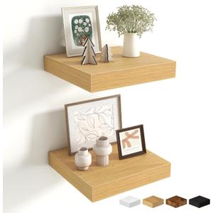 Fun Memories Floating Shelves for Wall - 10" x 10" Wood Shelf with Invisible Bracket - Deep Floating Shelves - 10 Inch Shelf Wall-Mounted for Living Room & Bathroom - Oak - Set of 2