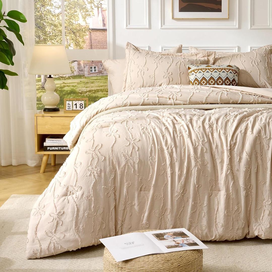 7 Pieces Bow Tufted Boho Comforter Set Khaki Farmhouse Shabby Chic Embroidered Bedding for All Seasons King Size with Comforter Sheets Pillowcases Shams