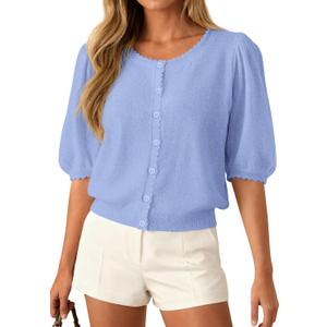 PRETTYGARDEN Puff Short Sleeve Cardigans for Women Lightweight 2026 Summer Shirts Button Up Knit Sweater Tops Spring Clothes (Blue, XL)