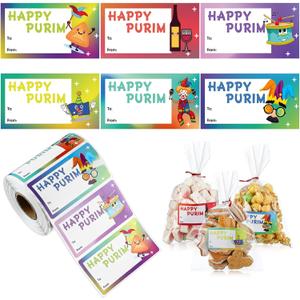 Fullhawl 500 Pcs Happy Purim Label Stickers for Mishloach Manot Bags Multicolored Purim Labels to and from Jewish Stickers Purim Tags Labels for Mishloach Manot Bags and Shalach Mones Boxes(Square)
