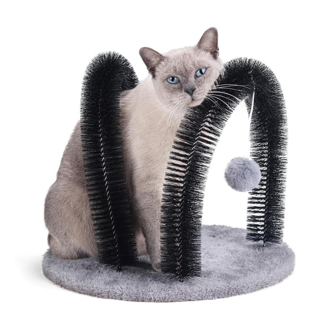 Cat Arch Self Groomer Massager, Kitty Grooming Brush with 2 Brushes and Heavy Plush Base, Cat Face and Back Scratchers, Rubbing Post for Indoor and Outdoor Cats with 2 Plush Balls