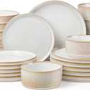 LIANYU 24 Piece Stoneware Plates and Bowls Dishes Set for 6, Dinnerware Sets with Pasta Bowls, Ribbed Dining Ware Dishware for Home Wedding, Microwave and Dishwasher Safe, Dawn Beige