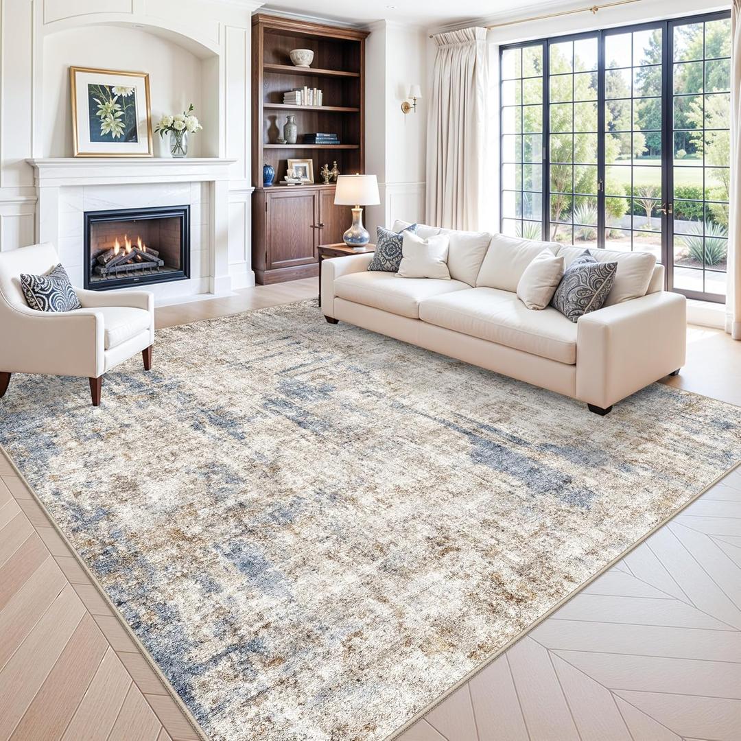 10x10 ft Square Living Room Rug Washable Modern Abstract Area Rug for Bedroom, Dining Room, Playroom Neutral Non-Slip Low-Pile Thin Indoor CarpetBlue Brown