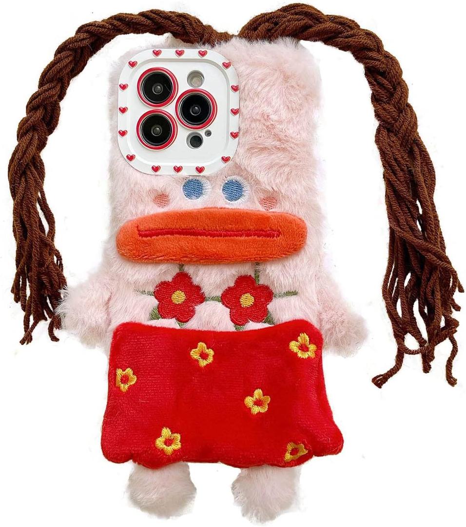 Funny Phone Case Compatible with iPhone 13 Pro,Cute DIY Braids Furry Winter Warm Fluffly Case Camera Protetor Shockproof Girls Women Kids Case for iPhone 13 Pro(Sausage Mouth Girl)