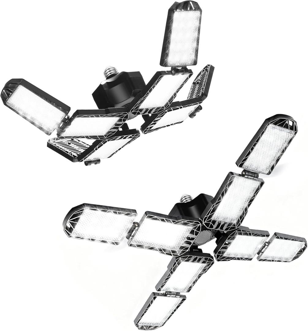 2 Pack Garage Light, 250W LED Shop Lights, 20000LM 6500K Garage Lights Ceiling Led with 8 Deformable Panels, Screw in E26/E27 Socket Bulb for Warehouse, Workshop, Basement, Barn, Storage Lighting