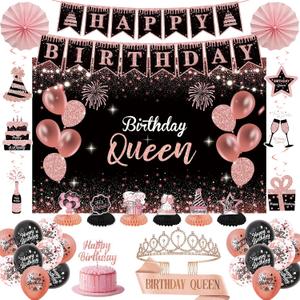 Rose Gold Birthday Decorations for Women - 37Pcs "Happy Queen" Party Kit with Banner, Backdrop, Tiara, Sash, Cake Topper, Latex Balloons, Hanging Swirls, Centerpieces | All Ages Party Supplies