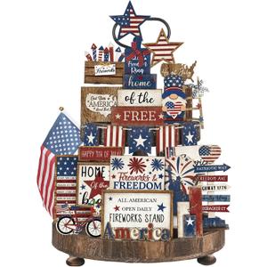 26 Pcs 4th of July Tiered Tray Decoration Patriotic USA Wood Signs Rustic America Flag Red White and Blue Tiered Tray Decorations for Memorial Day Home 250th Anniversary Birthday Party