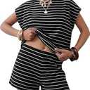 EXLURA Womens 2 Piece Sweater Sets Stripe Cap Sleeve Knit Tops Shorts Set Faux Cashmere Summer Beach Vacation Cruise Outfit, Black Stripe Medium