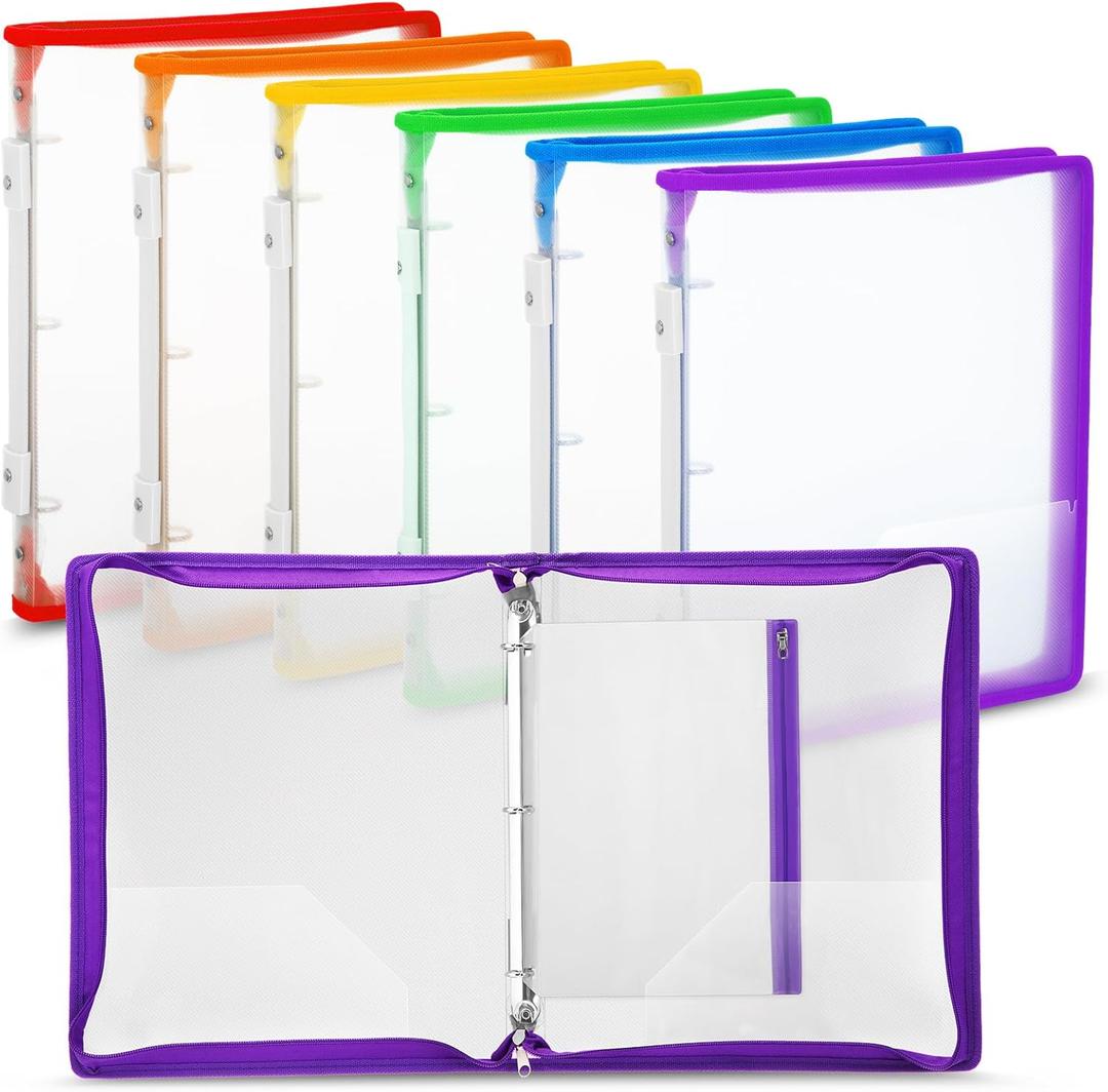 Fulmoon 6 Pack Plastic Zipper Binder, 1 Inch 3 Ring Binder with 2 Interior Pockets, 1 Plastic Movable Pencil Pouch, Expanding File Zippered Holds Us Letter Size 8.5''x11'' for Office (Clear)