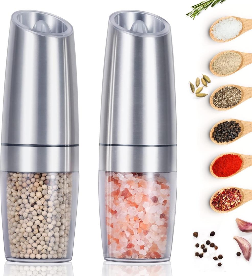 EasyCom Gravity Salt and Pepper Mill Set, Battery Powered with LED Light, Adjustable Coarseness, One Hand Automatic Pepper Mill for Kitchen and BBQ, 2 Pack, Silver (large, Sliver)