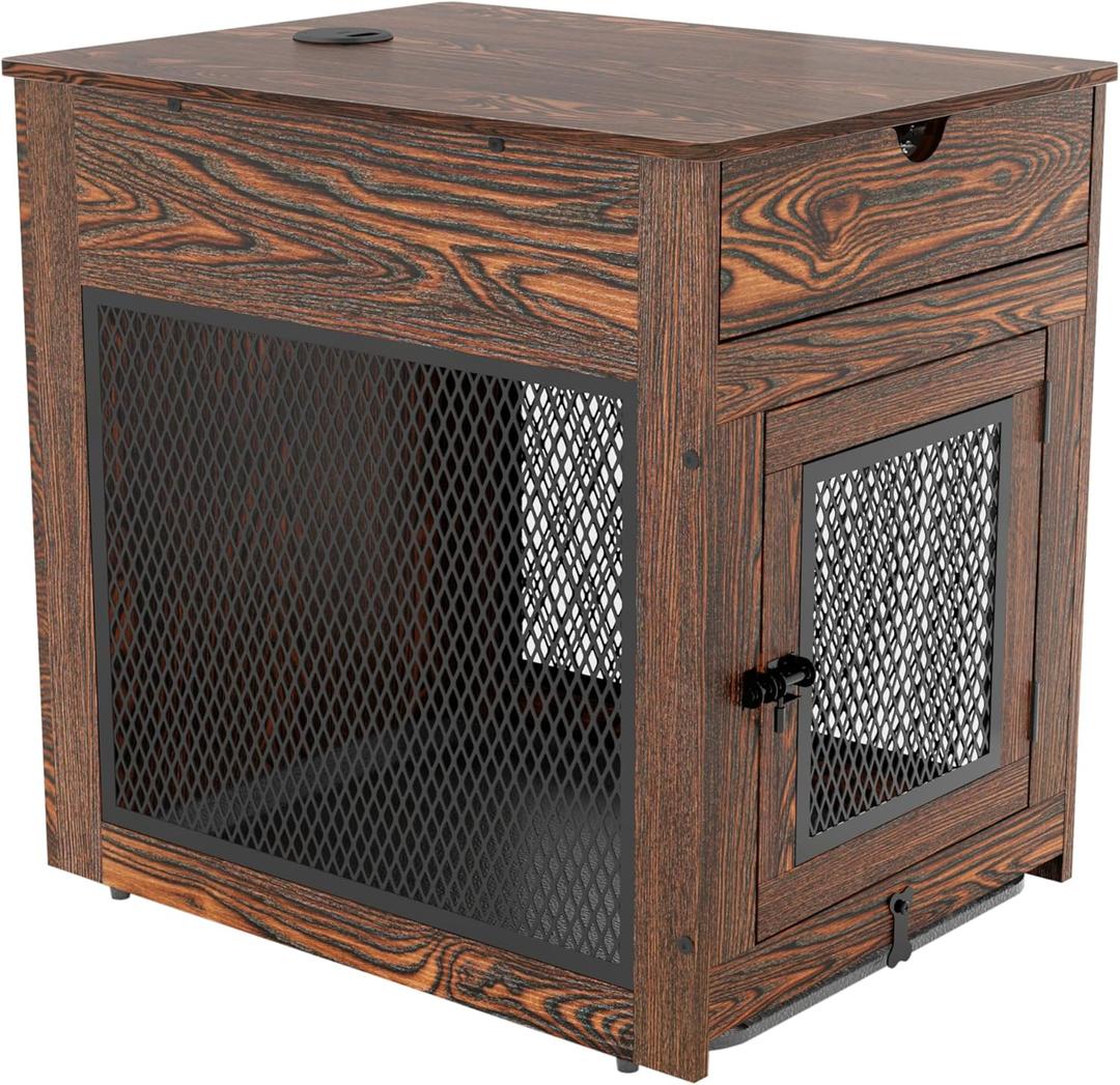 Piskyet Dog Crate Furniture,Wooden Dog Crate End Table with Storage Drawer&Cushion&Tray, QC3.0 Wireless Charging,Dual USB,Medium Dogs Rustic Style (28.5"L x 21.5"W x 30.5"H, Rustic Brown)