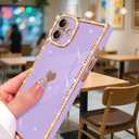 for iPhone 16 Case Cute Love Heart Plating for Women, with Screen Protector, Glitter Sparkle Rhinestone Diamond Border Design Slim Rectangle Wireless Protection Case Cover, Purple