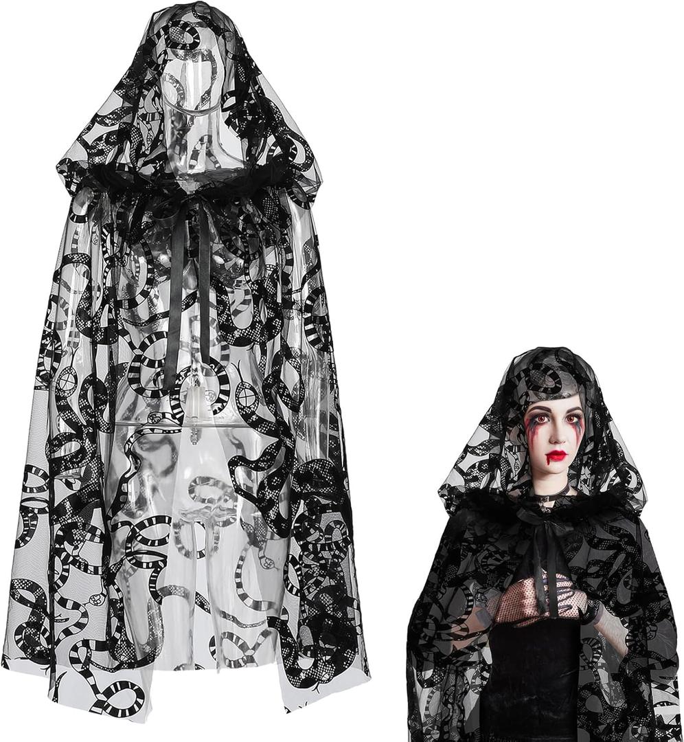 Halloween Witch Black Hooded Cloak for Women Gothic Lace Snake Pattern Short Sheer Cape Vampire Cloak for Cosplay Costume