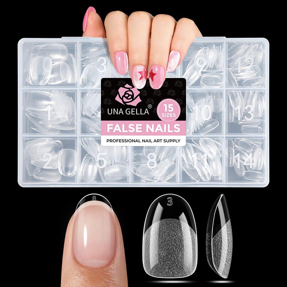 UNA GELLA Oval Gel Nail Tips Short 15 Sizes 300PCS, Pre-Etched Clear Acrylic Nail Tips Easy DIY Salon Oval Almond Press On Nails Snug Fit Full False Fake Tips Extensions Long-Lasting Hold