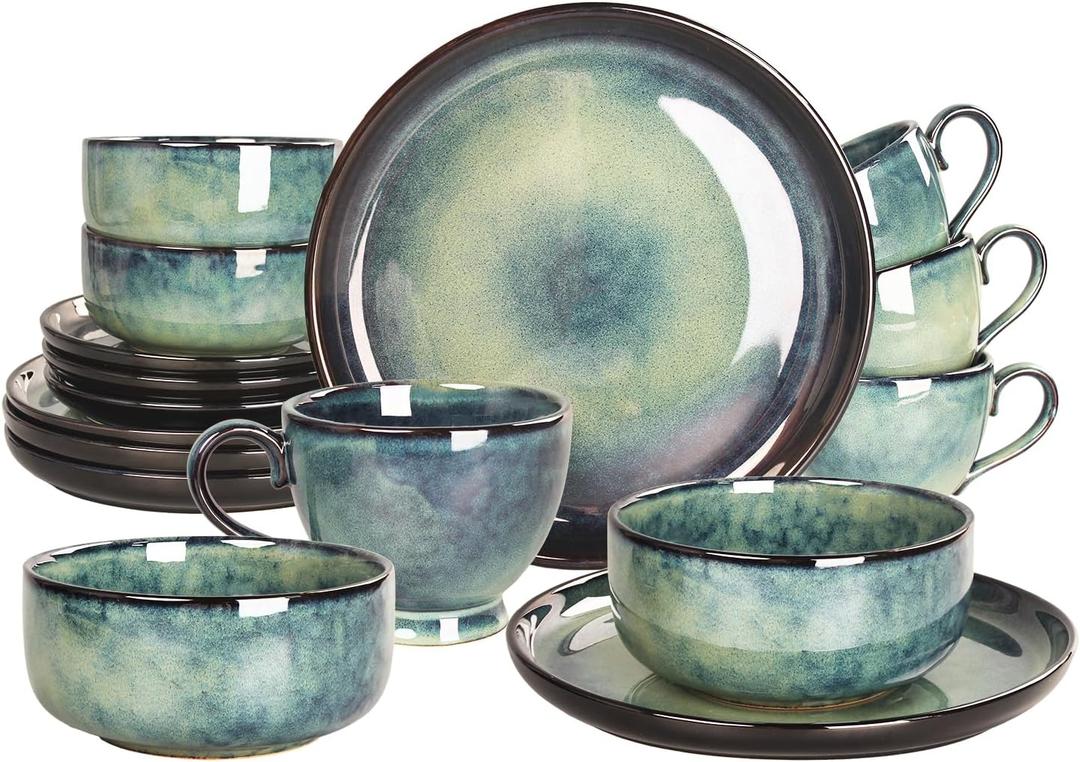 Ceramic Dinnerware, 16 Pcs, Serve 4 people, Plates and Bowls Sets,Handmade Reactive Glaze Dishes Set,Chip Resistant and Scratch Resistant,Dishwasher, Microwave Safe