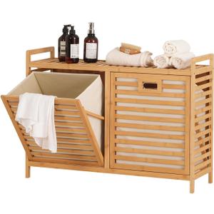 Baveke Double Laundry Hamper with Shelf- Bamboo Storage Cabinet, Natural, 2 Bag-1 Tier