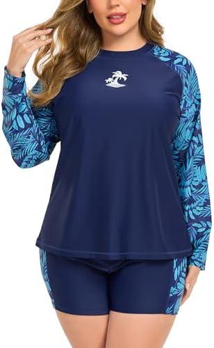 JOYBIK Women Plus Size Two Piece Long Sleeve Rash Guard Sets Built in Bra Swim Shirt Top and Shorts with Pockets UPF50+, Size: 2XL