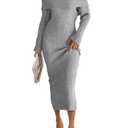 LILLUSORY Women Fall Off The Shoulder Baby Shower Midi Sweater Dress 2025 Wedding Guest Long Sleeve Bodycon Date Night Outfit Grey M