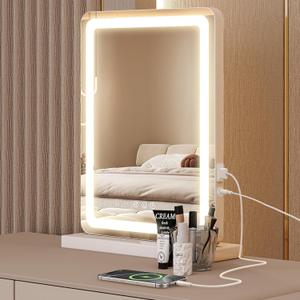 Sweetcrispy 18"x13" LED Vanity Mirror with Lights, Dimmable 3 Color Modes Makeup Mirror with Memory Function, USB Charging, Aluminum Frame, Lighted Mirrors for Desk, Bedroom, Living Room
