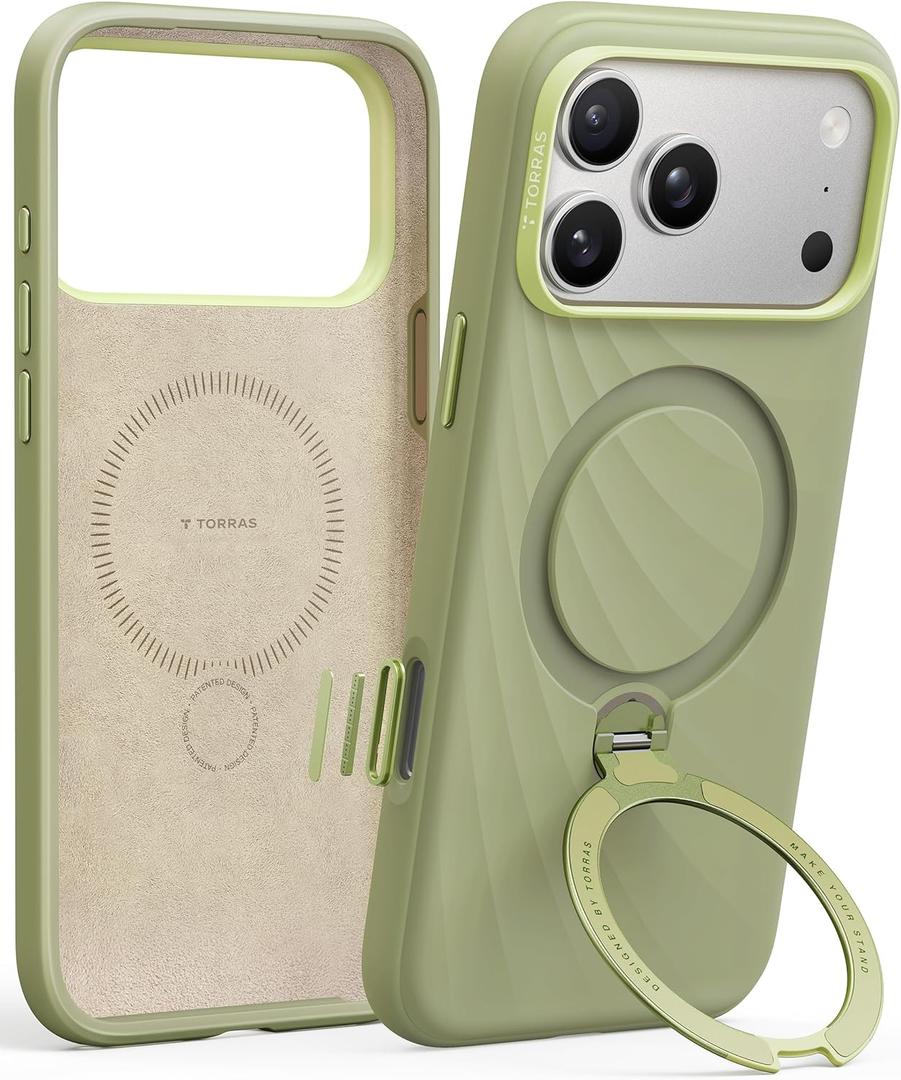 TORRAS Q3 Wind Flow for iPhone 17 Pro Case Silicone, Fit for MagSafe, Magnetic 360 Spin Stand with Camera Control, Liquid Silicone Rubber Soft Phone Case for iPhone 17 Pro 6.3'', Sage Green
