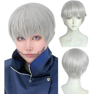 ANOGOL Wig Cap+Short Silver Cosplay Wig Men Synthetic Grey Hair with Bangs Short Silver Grey Wigs with Bangs Costume Wig for Halloween Anime Cosplay Light Gray Wigs for Men Women Party Event