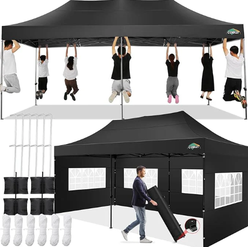 COBIZI 10x20 Pop up Canopy Tent 10x20 Canopy with 6 Sidewalls Waterproof Heavy Duty Commercial Canopy Tent for Parties Outdoor Tent Garden Gazebo Tent, Carry Bag with Wheel(10x20ft, Black)