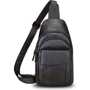 Genuine Leather Sling Bag Crossbody Motorcycle Bag Handmade Chest Bag Hiking Daypack Retro Shoulder Backpacks (Black)