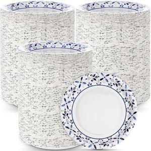 FillTouch 400 Pack 7 Inch Disposable Paper Plates for Everyday Use Soak Proof Heavy Duty Small Paper Plates for Dinner Picnic, Cut Proof Plate for Holiday Party Family Gatherings (Blue Leaves)