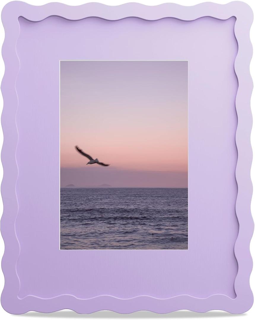 8x10 Picture Frame with Mat for 5x7, Wavy Edge Wooden Real Glass Photo Frame for Tabletop and Wall Hanging, Purple, 1 Pack