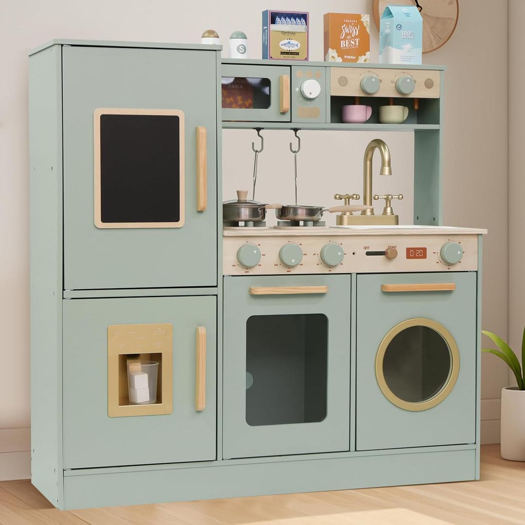 Wooden Kitchen Playset for Kids Toddler, Pretend Play Kitchen Set Toy for Girls and Boys, with Kitchen Accessories - Green