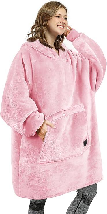 Catalonia Oversized Blanket Hoodie Sweatshirt, Wearable Sherpa Lounging Pullover for Adults Women Men (Pink)