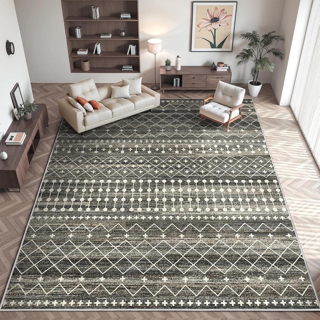 Miukiki 9x12 Area Rug for Living Room Moroccan Washable Rugs Non Slip Indoor Floor Carpet Foldable Large Soft Area Rug for Dining Room Bedroom with Low Pile(Black,9'x12')