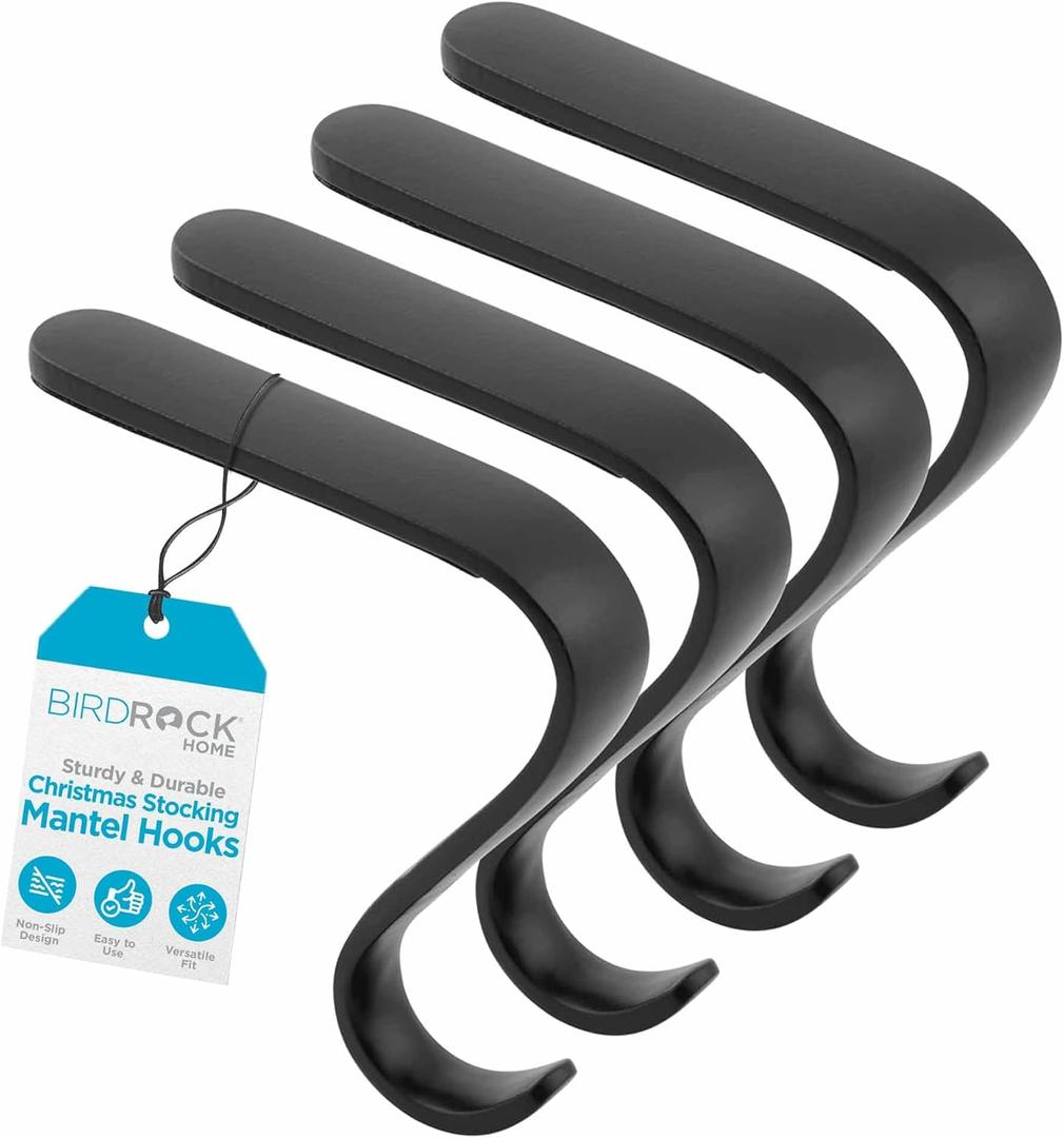 BIRDROCK HOME 4 Pack Christmas Stocking Mantel Hooks - Heavy-Duty Metal Hangers for Fireplace, Brick, and Mantel - Ideal for Holiday Stockings, Garlands, and Decor - Sturdy and Versatile - Black