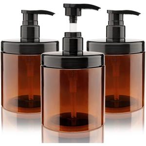 Pump Bottle Dispenser 3 Pcs 600ml/20oz Refillable Plastic Pump Bottles Wide Mouth Jar Style BPA Free Empty Pump Bottles Bathroom Shower Containers for Lotion Shampoo Conditioner (Brown)